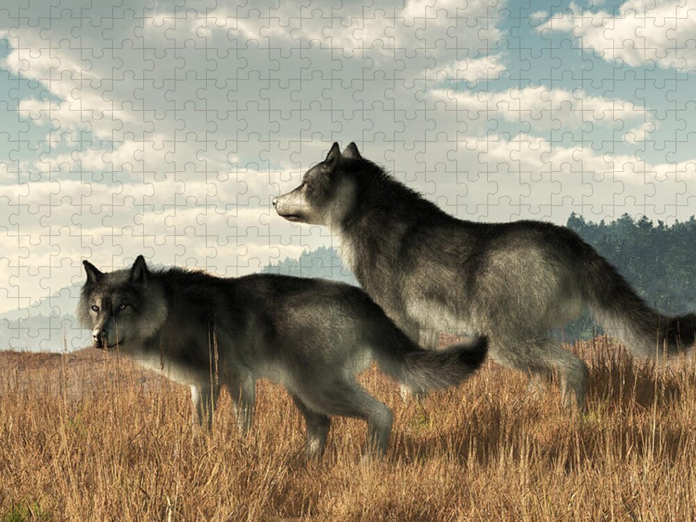 November Wolves Jigsaw Puzzle featuring the digital art November Wolves by Daniel Eskridge