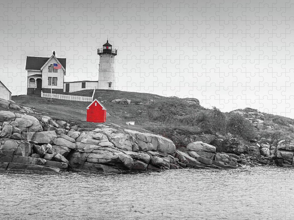 Nubble Lighthouse Jigsaw Puzzle featuring the photograph Nubble Lighthouse in color and black and white by Doug Camara
