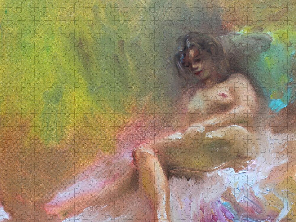 Nude Girl Jigsaw Puzzle featuring the painting Nude Study by Ylli Haruni