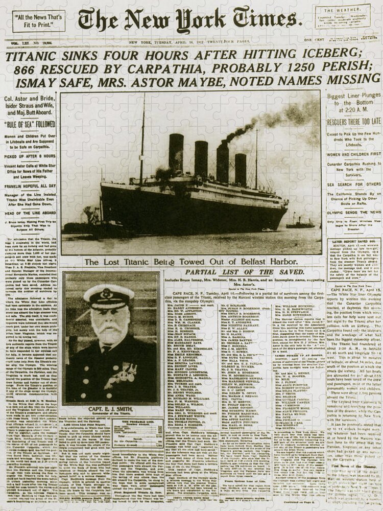 Titanic Jigsaw Puzzle featuring the photograph Ny Times, Sinking Of The Titanic, 1912 by Photo Researchers