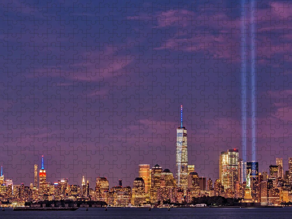 September 11 Jigsaw Puzzle featuring the photograph NYC Landmarks WTC Tribute In Light by Susan Candelario