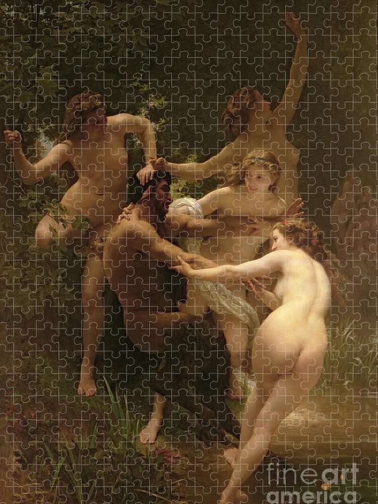 Nymphs And Satyr Jigsaw Puzzle featuring the painting Nymphs and Satyr by William Adolphe Bouguereau