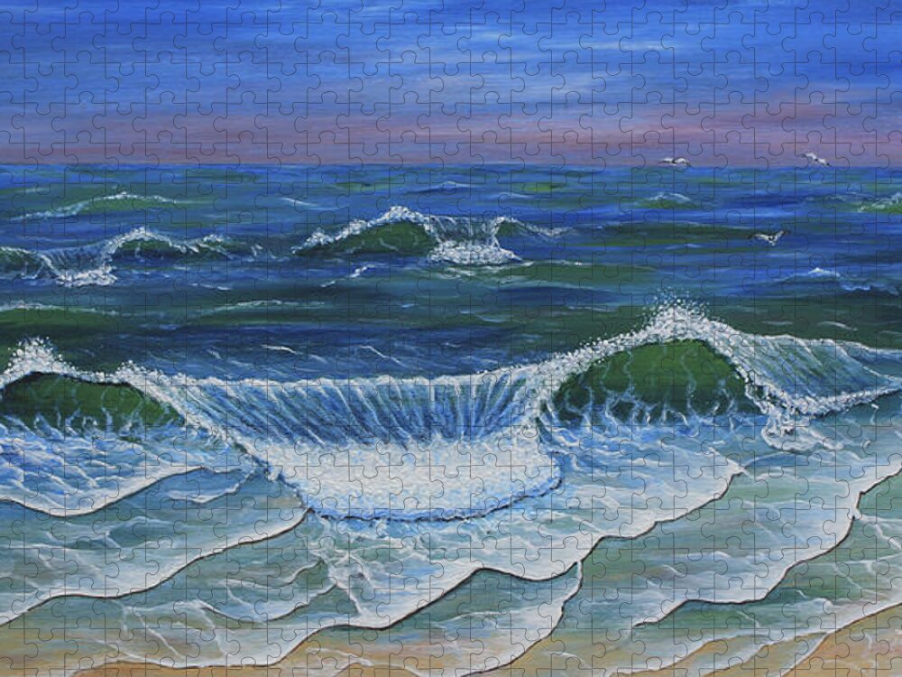 Ocean Waves Jigsaw Puzzle featuring the painting Ocean Waves Dance At Dawn original acrylic painting by Georgeta Blanaru