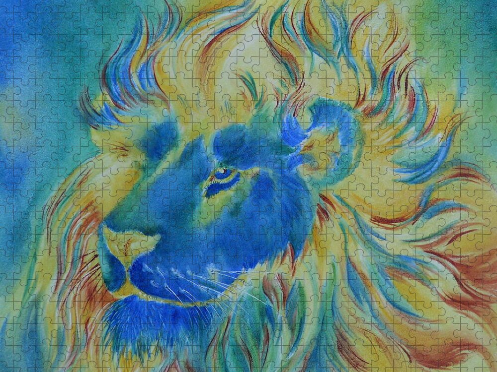 Animal Paintings Jigsaw Puzzle featuring the painting Of Another Color Blue Lion by Summer Celeste