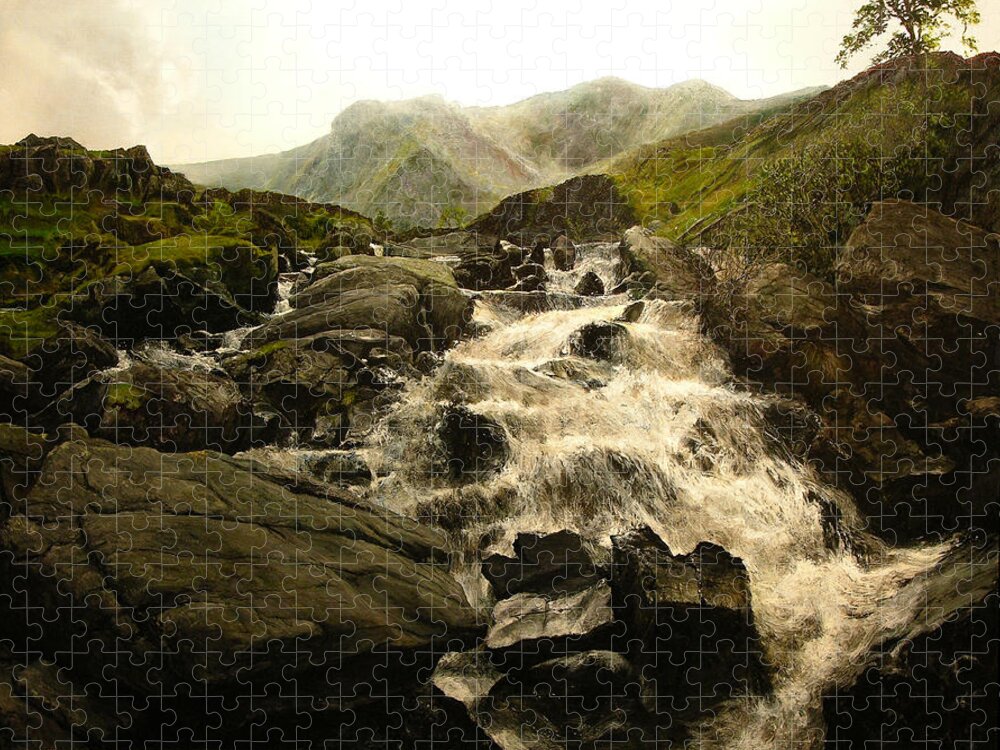 Landscape Jigsaw Puzzle featuring the painting Ogwen Falls by Harry Robertson