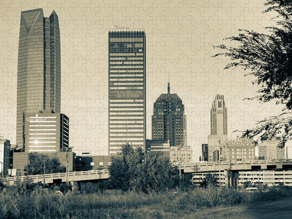 Oklahoma City Skyline Jigsaw Puzzle featuring the photograph Oklahoma City Skyline Morning - Sepia by Gregory Ballos