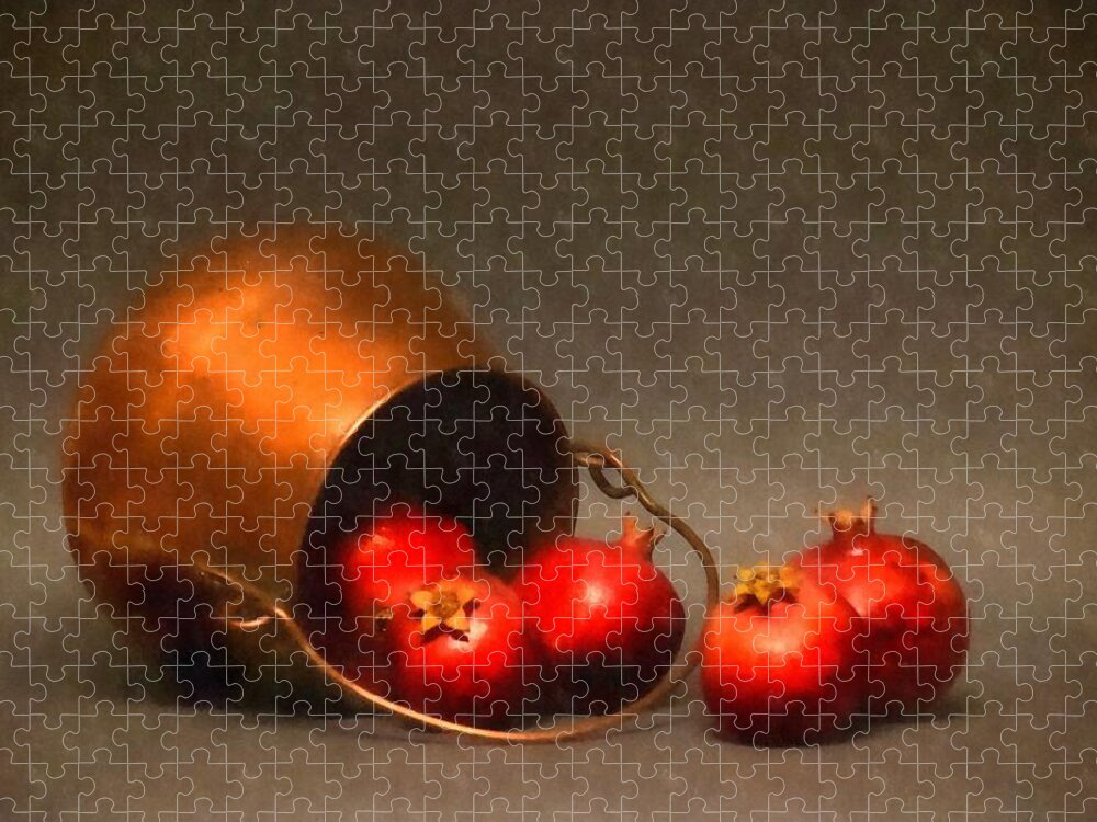Old Copper Pot With Pomegranates Jigsaw Puzzle featuring the photograph Old Copper Pot with Pomegranates by Frank Wilson