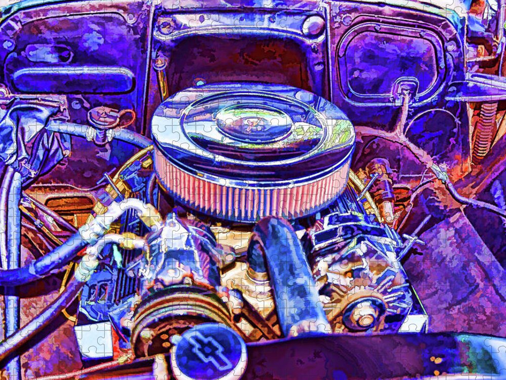 Old Engine Of American Car Jigsaw Puzzle featuring the painting Old Engine of American Car by Jeelan Clark