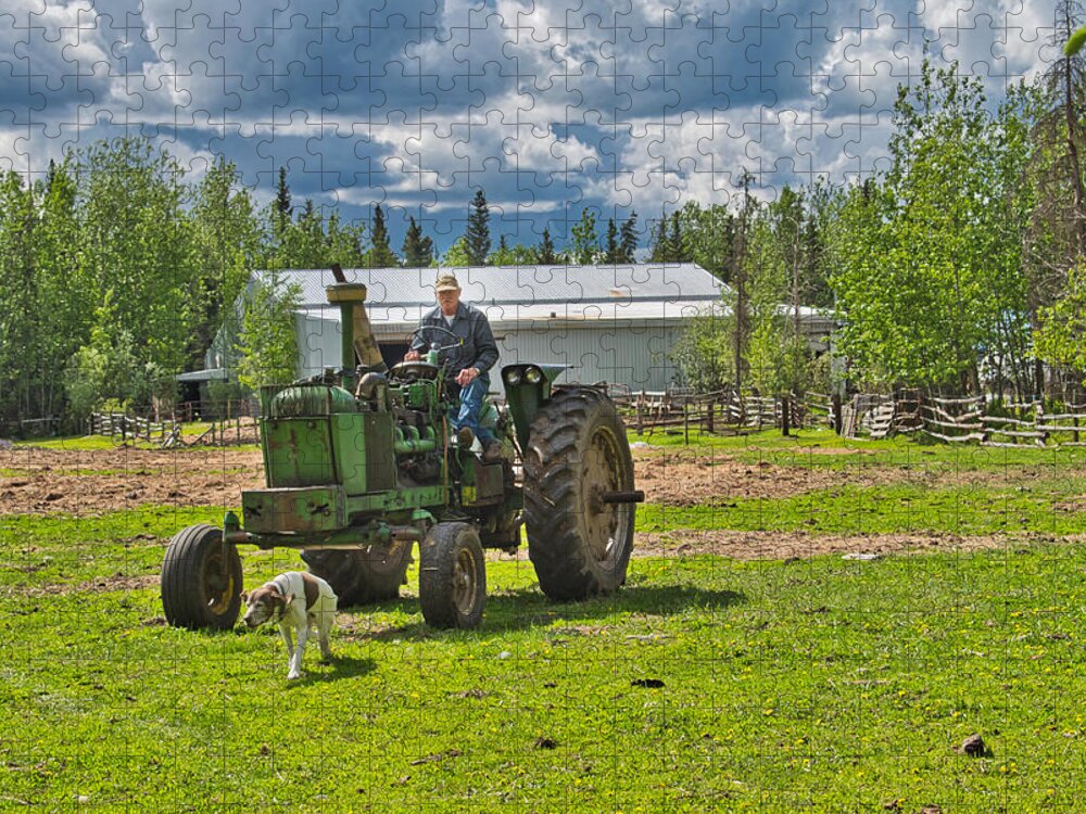 Tractor Jigsaw Puzzle featuring the photograph Old Farmer Old Tractor Old Dog by Cathy Mahnke