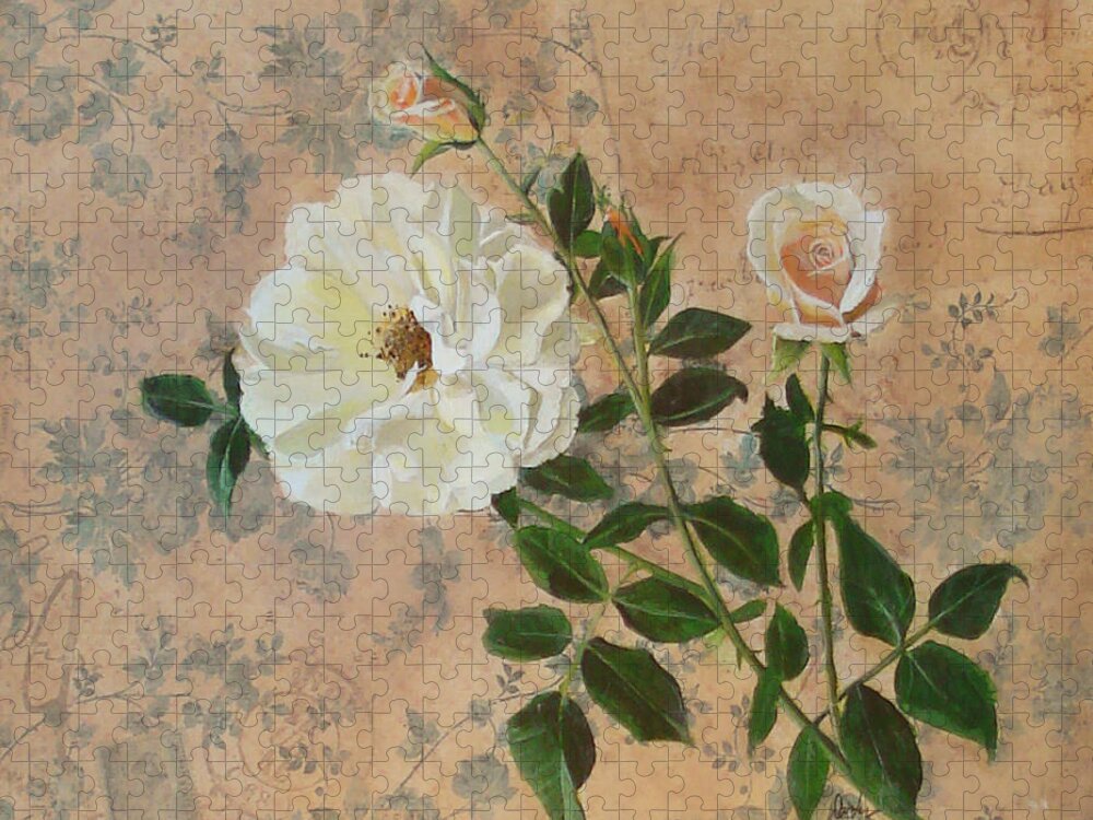 Old Fashioned Rose Jigsaw Puzzle featuring the painting Old Fashioned Rose by Carrie Ann Jackson