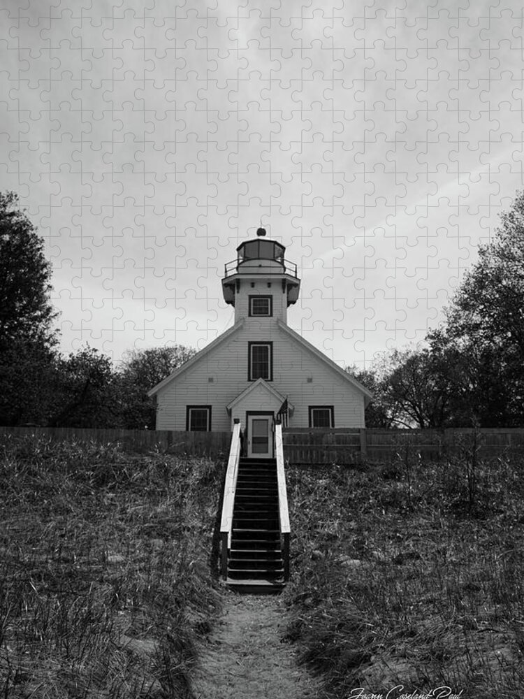 Black And White Lighthouse Jigsaw Puzzle featuring the photograph Old Mission Point Lighthouse by Joann Copeland-Paul
