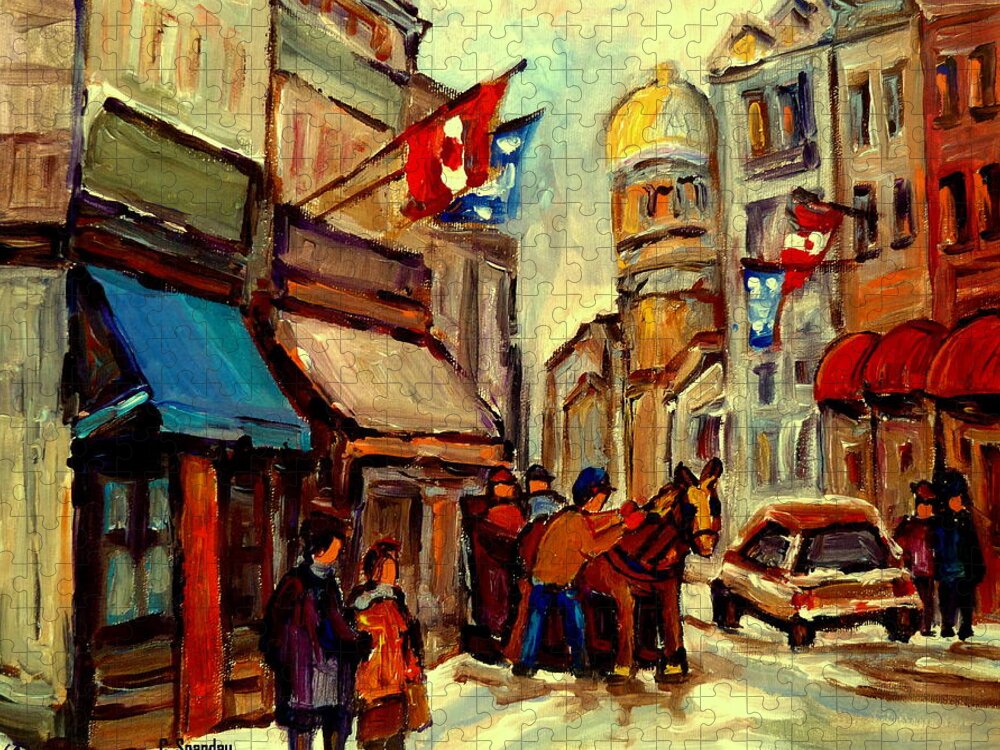Montreal Jigsaw Puzzle featuring the painting Old Montreal Rue St Paul Winterscene With Caleche by Carole Spandau