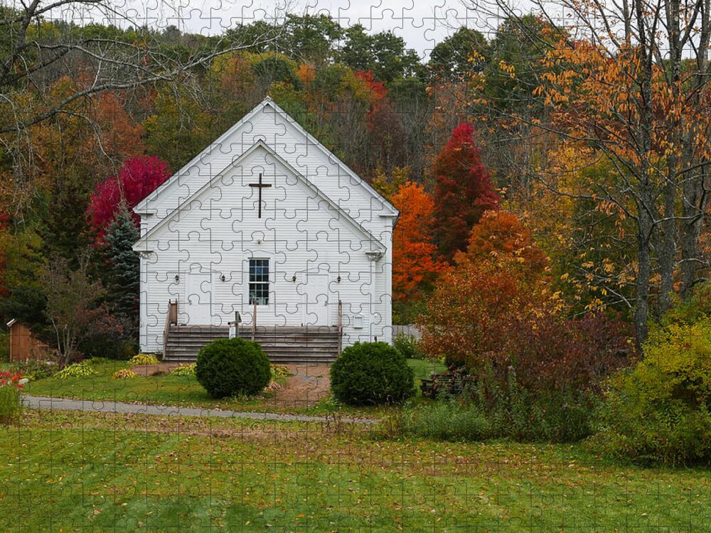 New England Church Jigsaw Puzzle featuring the photograph Old New England Church in Colorful Fall Foliage by Robert Bellomy