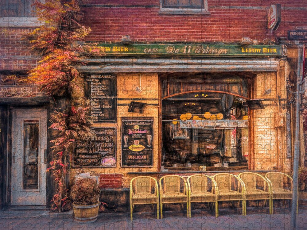 Garden Jigsaw Puzzle featuring the photograph Old Painting of a Little Pub Downtown Amsterdam by Debra and Dave Vanderlaan