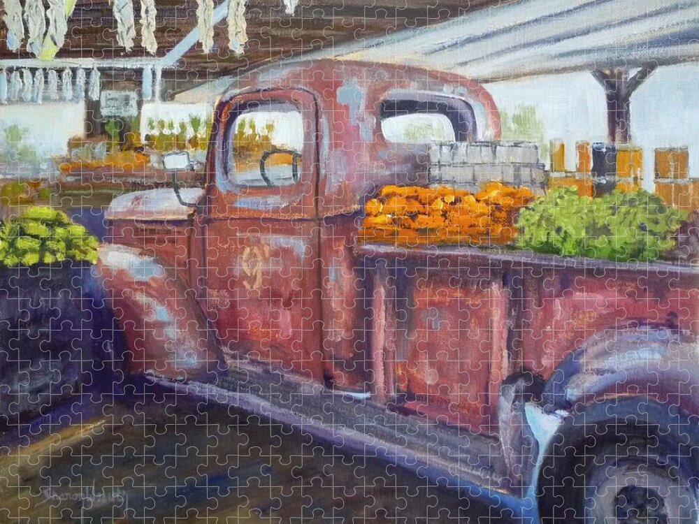 Old Truck Jigsaw Puzzle featuring the painting Old Red at the Farmers Market by Sharon Weaver