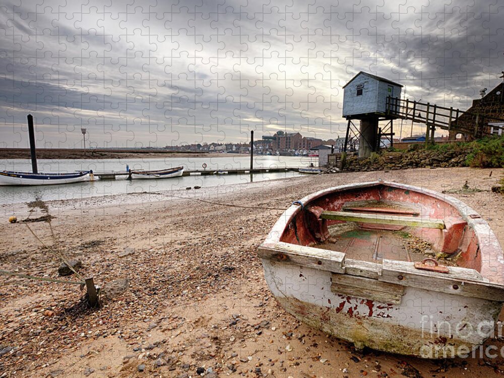 Norfolk Jigsaw Puzzle featuring the photograph Old rowing boat and lookout tower on beach by Simon Bratt