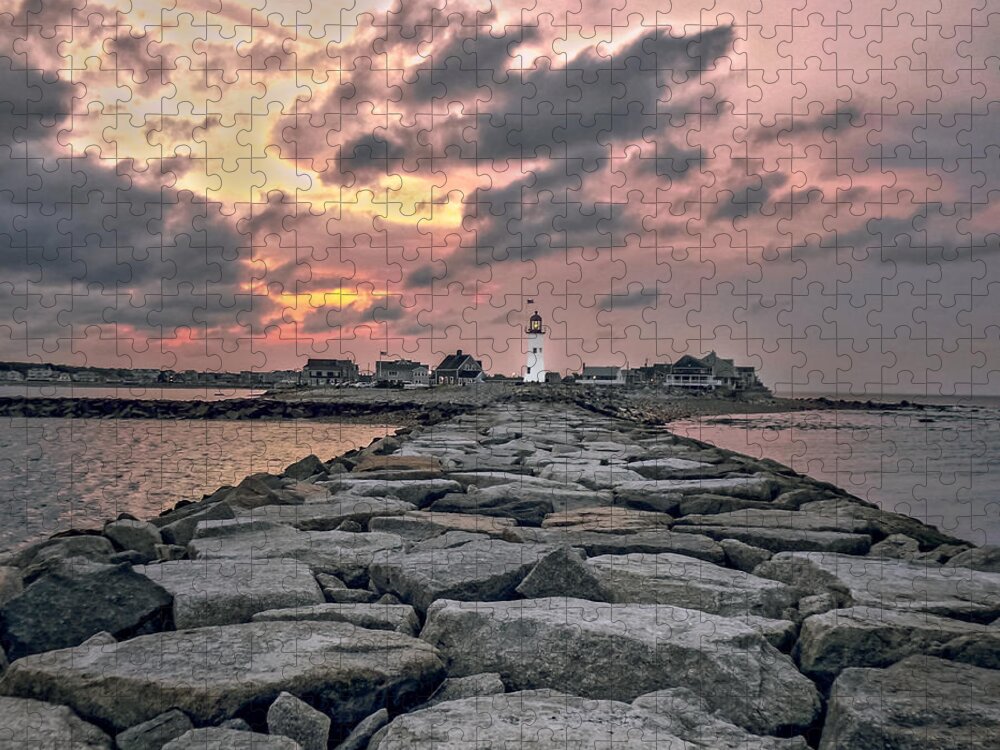 Old Scituate Light At The End Of The Jetty Jigsaw Puzzle featuring the photograph Old Scituate Light At The End Of The Jetty by Charlie Cliques