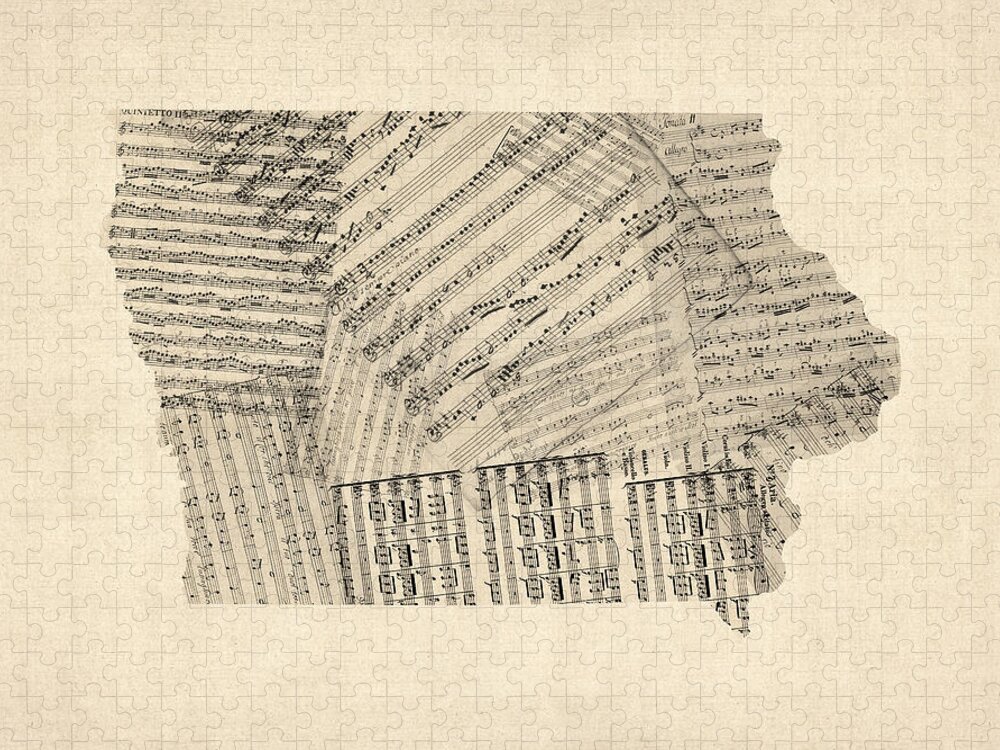 Iowa Jigsaw Puzzle featuring the digital art Old Sheet Music Map of Iowa by Michael Tompsett