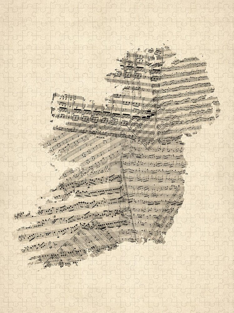 Ireland Map Jigsaw Puzzle featuring the digital art Old Sheet Music Map of Ireland Map by Michael Tompsett
