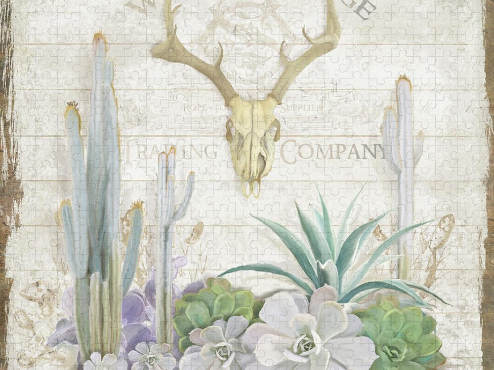 Deer Skull Jigsaw Puzzle featuring the painting Old West Cactus Garden w Deer Skull n Succulents over Wood by Audrey Jeanne Roberts