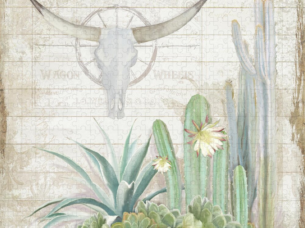 Longhorn Cow Skull Jigsaw Puzzle featuring the painting Old West Cactus Garden w Longhorn Cow Skull n Succulents over Wood by Audrey Jeanne Roberts