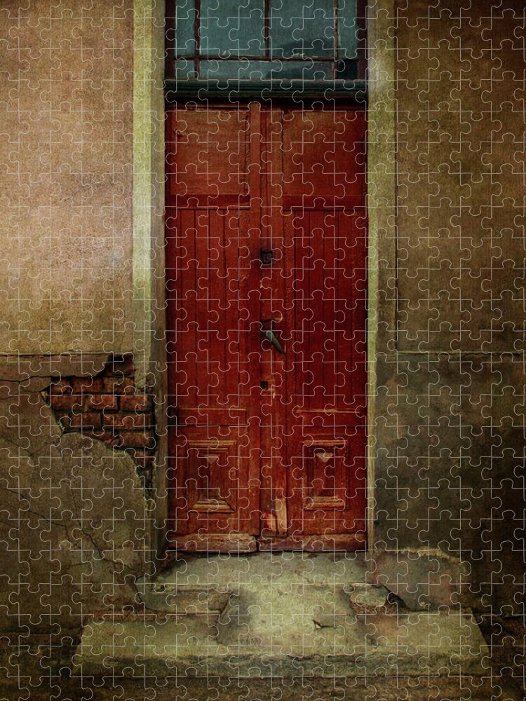 Gate Jigsaw Puzzle featuring the photograph Old wooden gate painted in red by Jaroslaw Blaminsky