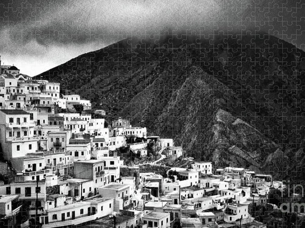 Black And White Jigsaw Puzzle featuring the photograph Olympos. Karpathos Island Greece by Silvia Ganora
