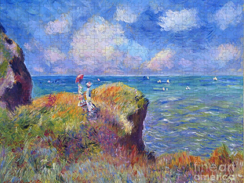 Landscape Jigsaw Puzzle featuring the painting On The Bluff at Pourville - Sur Les Traces de Monet by David Lloyd Glover
