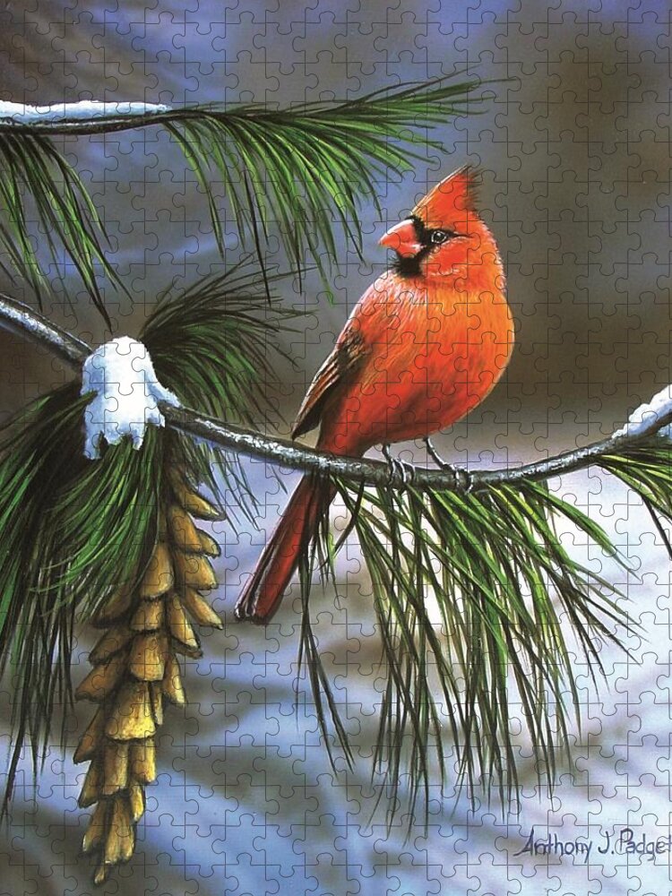 Cardinal Jigsaw Puzzle featuring the painting On Watch - Cardinal by Anthony J Padgett