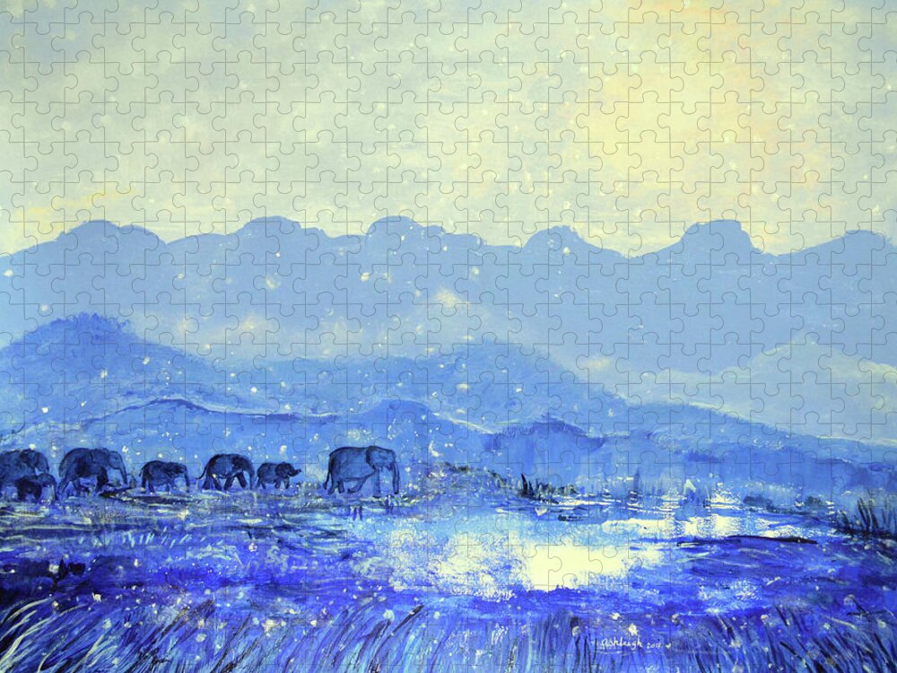 Elephants Jigsaw Puzzle featuring the painting On Our Way Back Home by Ashleigh Dyan Bayer