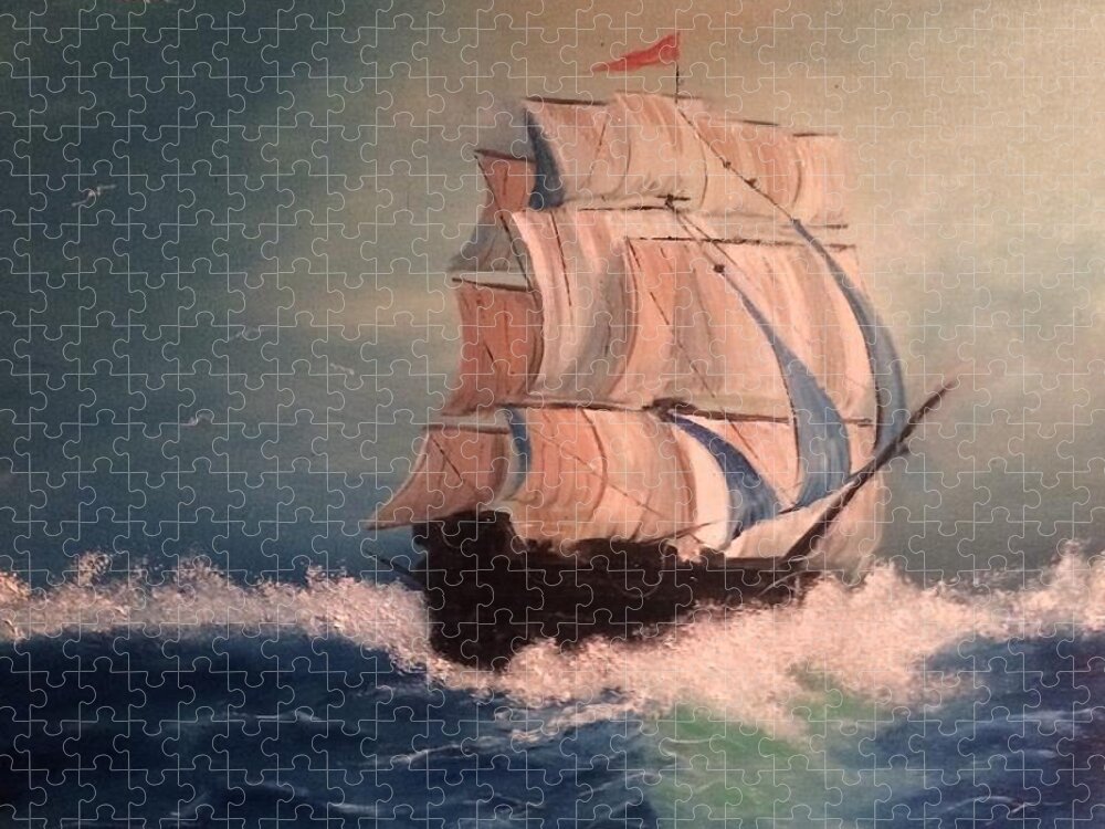 Clipper Ship Jigsaw Puzzle featuring the painting Open Seas by Denise Tomasura