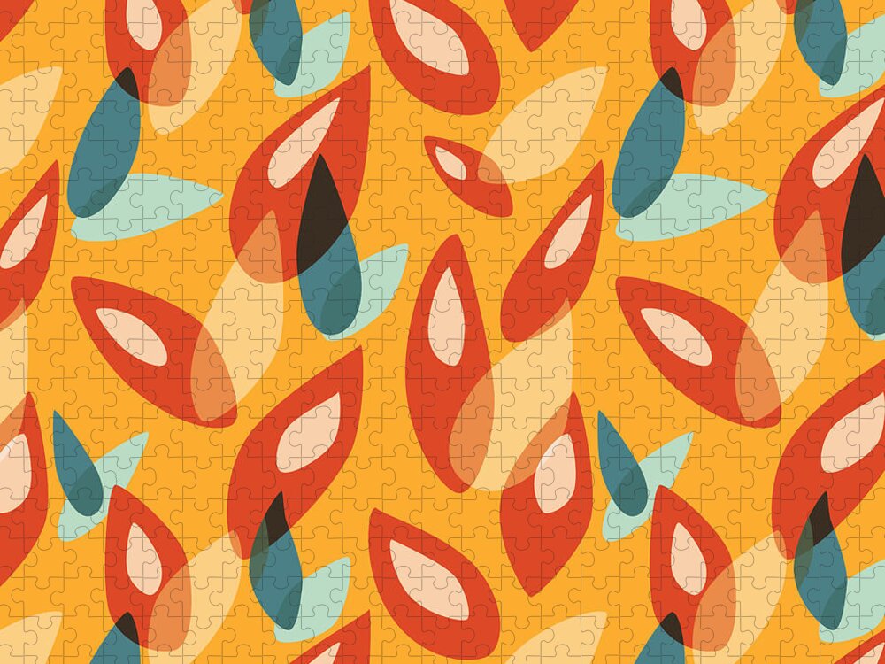 Geometric Jigsaw Puzzle featuring the digital art Orange Blue Yellow Abstract Autumn Leaves Pattern by Boriana Giormova