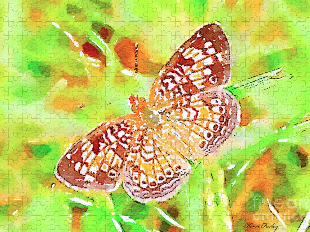 Digital Watercolor Jigsaw Puzzle featuring the photograph Orange Butterfly - Digital Watercolor by Kerri Farley
