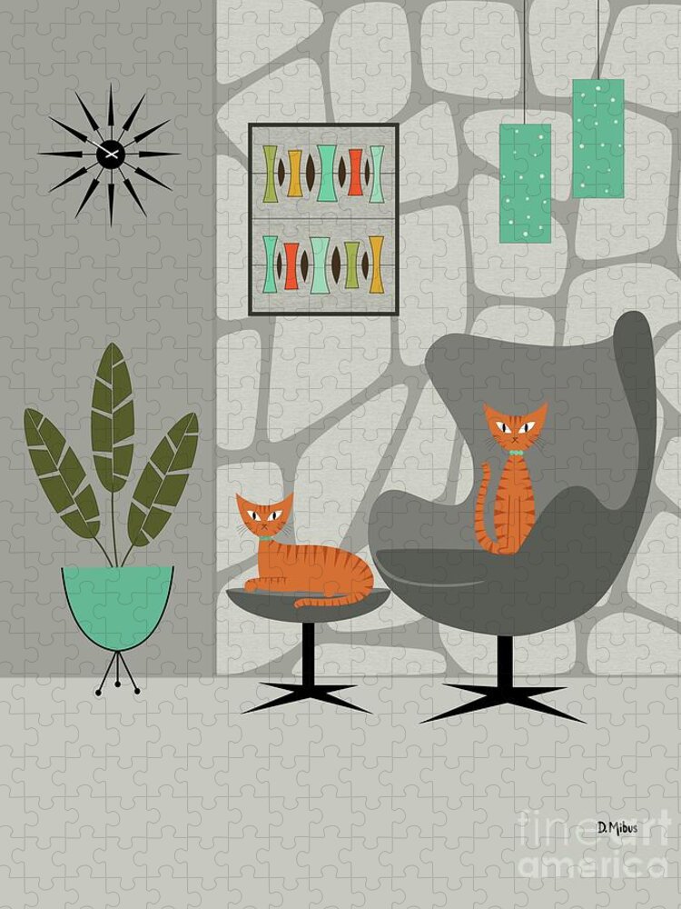 Mid Century Modern Jigsaw Puzzle featuring the digital art Orange Cat in Gray Stone Wall by Donna Mibus