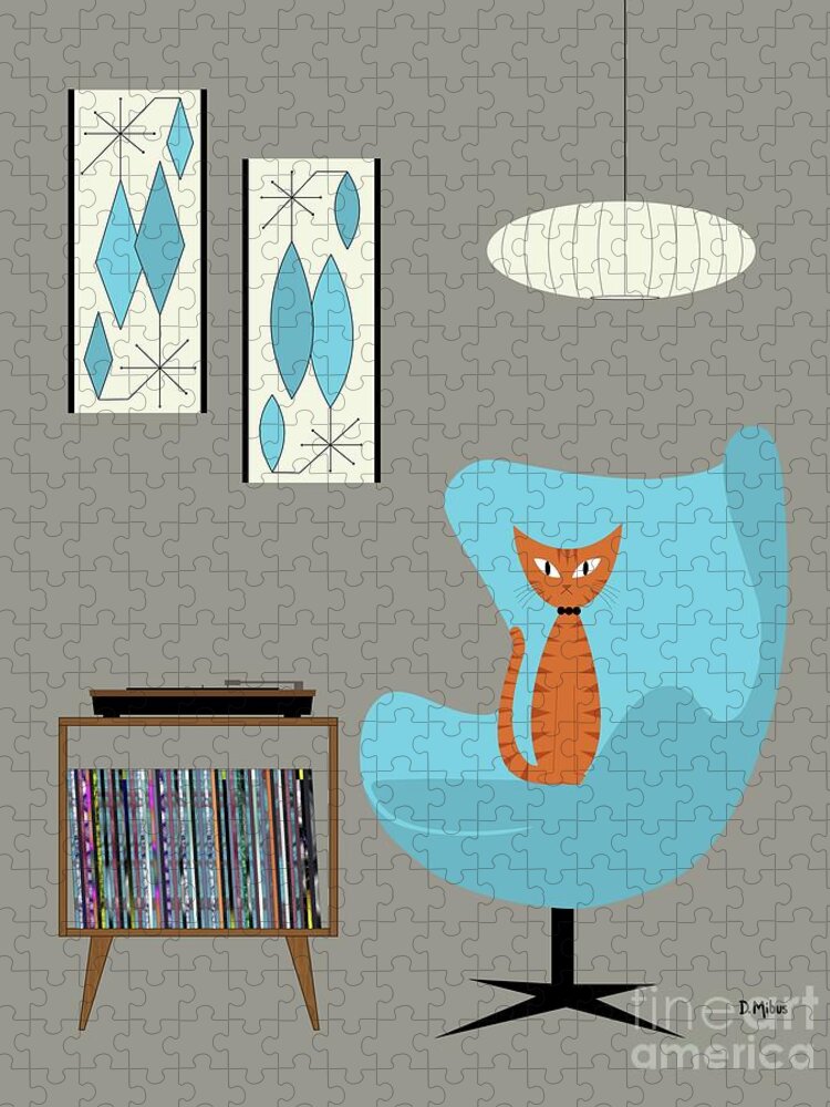  Jigsaw Puzzle featuring the digital art Orange Cat in Turquoise Egg Chair by Donna Mibus