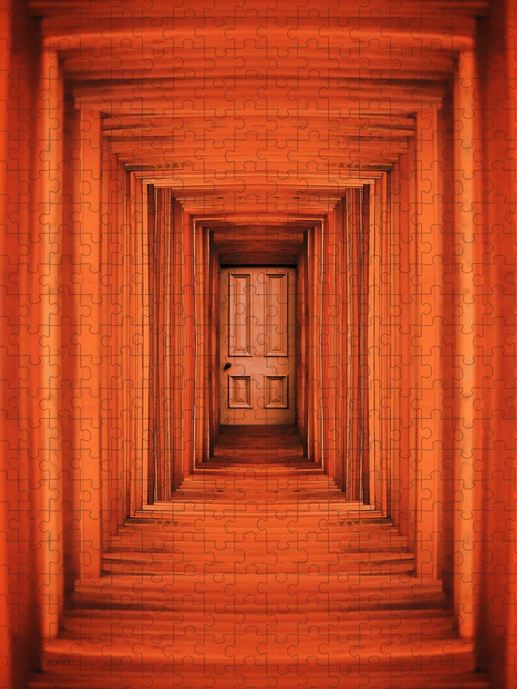 Hall Jigsaw Puzzle featuring the digital art Orange Planks Hall And Door by Phil Perkins