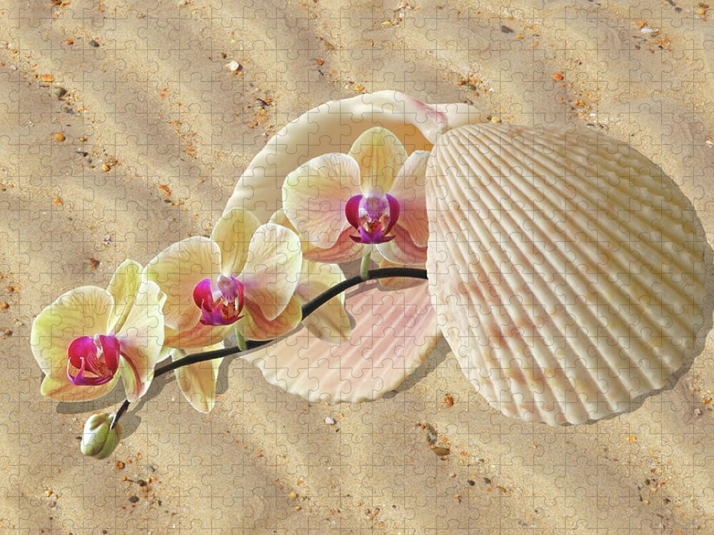 Beach Jigsaw Puzzle featuring the photograph Orchids and Shells On The Beach by Gill Billington