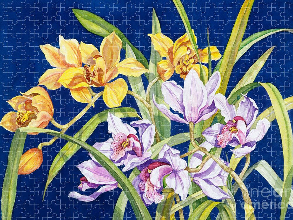 Orchids Jigsaw Puzzle featuring the painting Orchids In Blue by Lucy Arnold