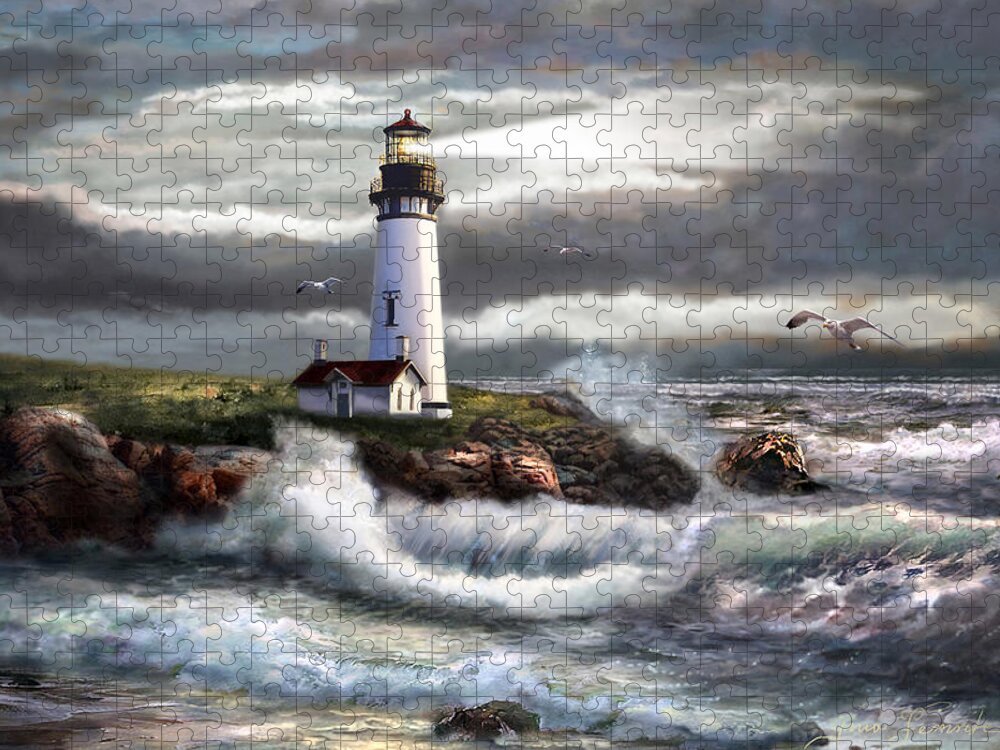 Evening Seascape Jigsaw Puzzle featuring the painting Oregon Lighthouse Beam of hope by Regina Femrite