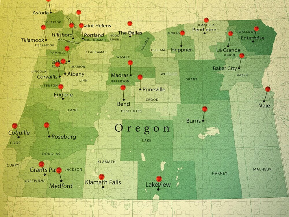 Cartography Jigsaw Puzzle featuring the digital art Oregon Map Square Cities Straight Pin Vintage by Frank Ramspott