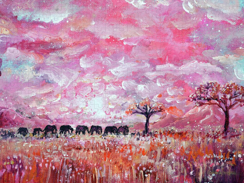 Pink Jigsaw Puzzle featuring the painting Original Pink Elephant Painting- Kindness, walking talking, and traveling together by Ashleigh Dyan Bayer