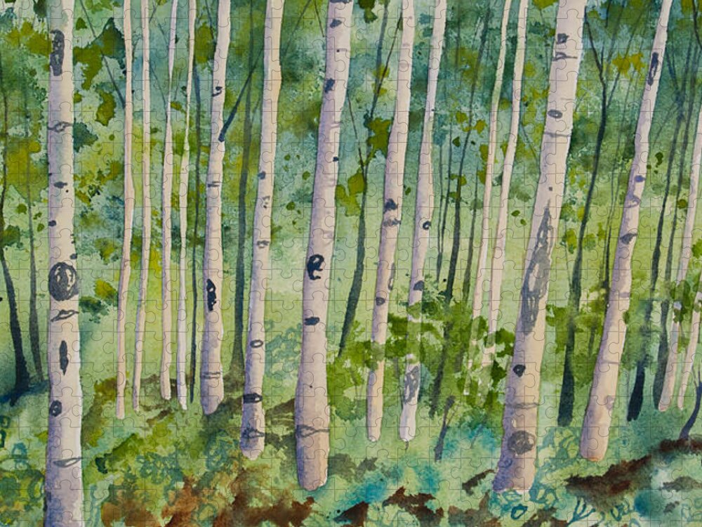 Forest Jigsaw Puzzle featuring the painting Original Watercolor - Summer Aspen Forest by Cascade Colors