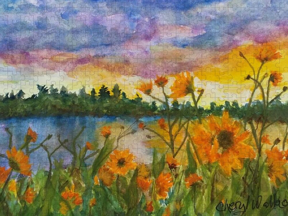 Sunset Jigsaw Puzzle featuring the painting Out of the Clouds by Cheryl Wallace