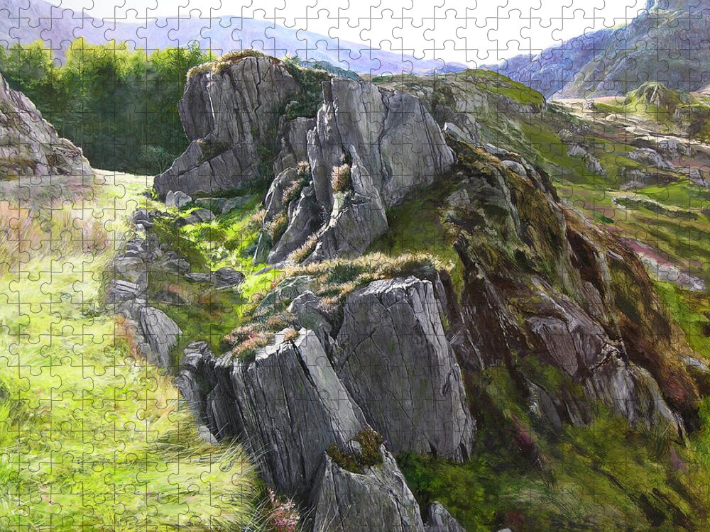 Landscape Jigsaw Puzzle featuring the painting Outcrop in Snowdonia by Harry Robertson