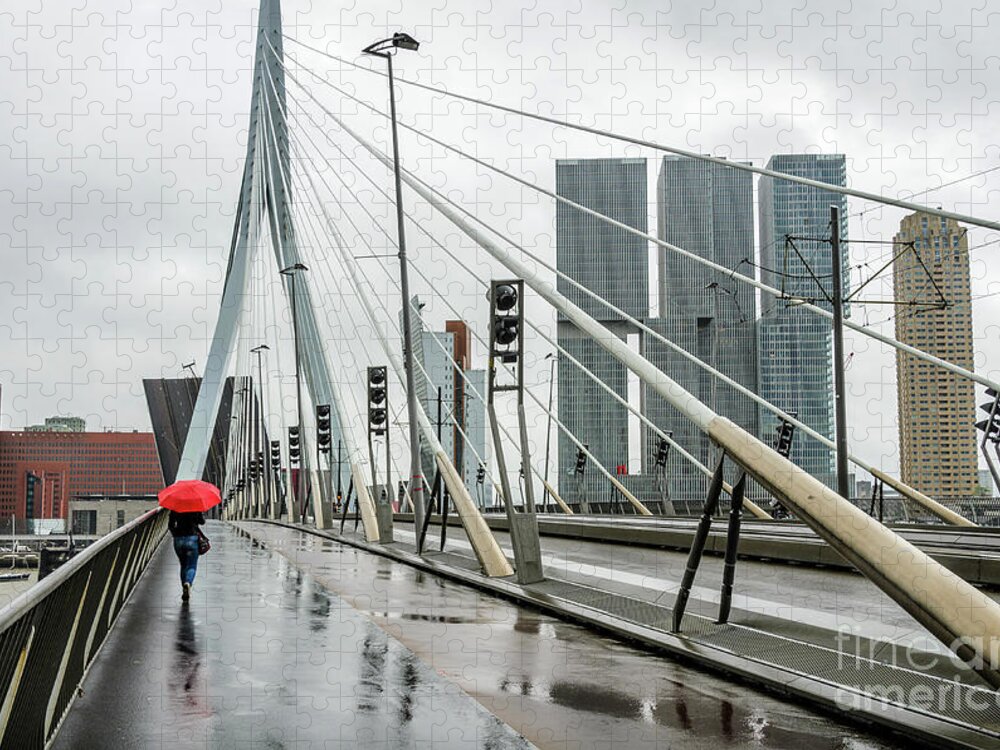 Rotterdam Jigsaw Puzzle featuring the photograph Over the Erasmus Bridge in Rotterdam with red umbrella by RicardMN Photography