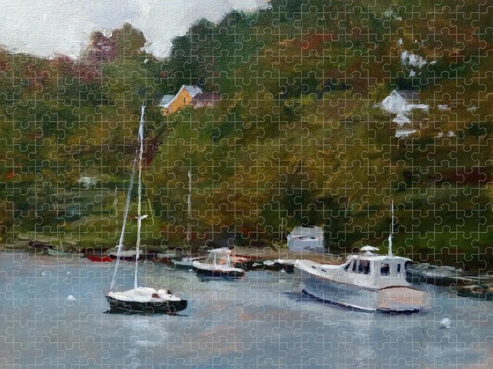 Landscape Jigsaw Puzzle featuring the painting Overcast Day at Rockport Harbor by Peter Salwen
