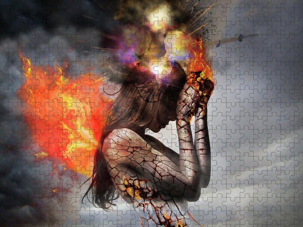 Woman In Pain Jigsaw Puzzle featuring the mixed media Pain by Lilia S