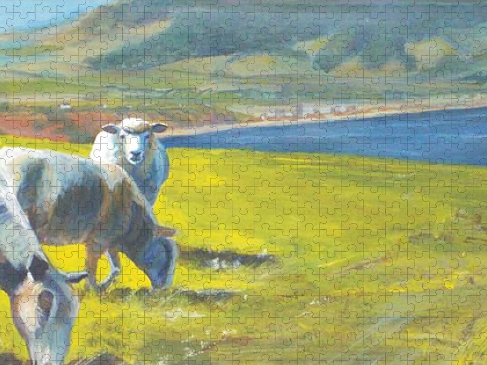 Sheep Painting Jigsaw Puzzle featuring the painting Painting of Sheep on a Cliff Top by Mike Jory