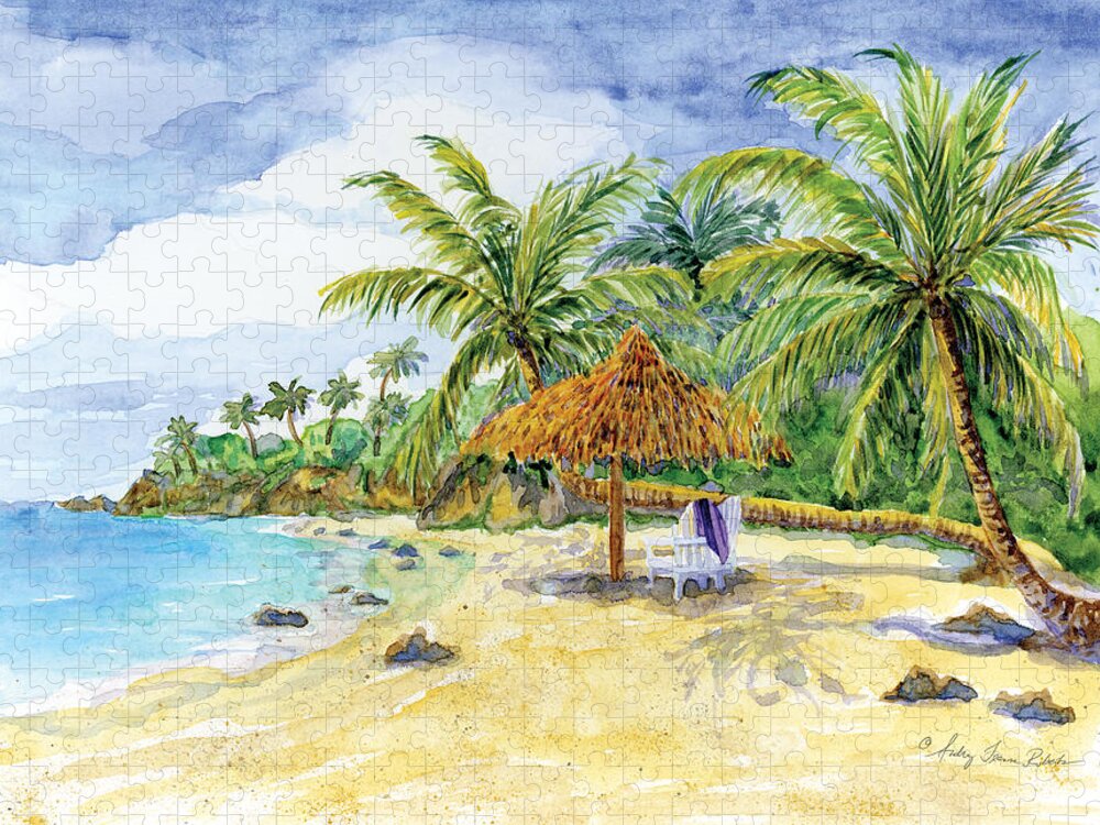 Palappa Jigsaw Puzzle featuring the painting Palappa n Adirondack Chairs on a Caribbean Beach by Audrey Jeanne Roberts