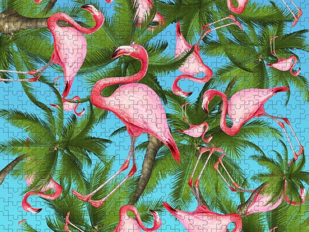  Summer Puzzle featuring the digital art Palm tree and flamingos by Mark Ashkenazi